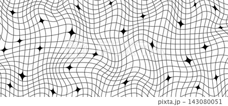 Black and white Y2k trippy sparkle wireframe background. Distorted grid mesh pattern with stars. Groovy twinkle and checkered wallpaper. Vector geometric nostalgic aesthetic checkerboard tile texture 143080051