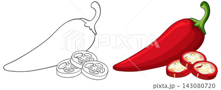 Red Chili Pepper Vector Illustration with Sliced Pieces and Line Art Red Chili Pepper Vector Illustration with Sliced Pieces and Line Art 143080720