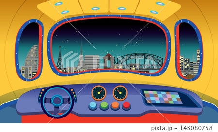 Futuristic Vehicle Cockpit Overlooking Night City Skyline Vector Illustration Futuristic Vehicle Cockpit Overlooking Night City Skyline Vector Illustration 143080758