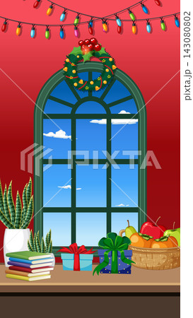 Christmas Window Scene with Gifts and Holiday Decorations 143080802