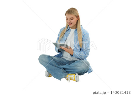 Woman engages with tablet, exploring online content and enjoying digital life, PNG Woman engages with tablet, exploring online content and enjoying digital life, PNG 143081418