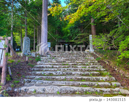 静寂に包まれた寺院への石段と緑豊かな参道 静寂に包まれた寺院への石段と緑豊かな参道 143081515