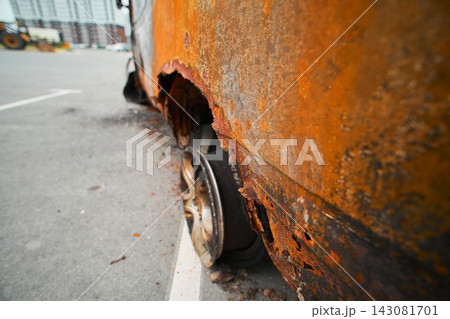 Burned Wheel and Melted Exploded Rubber Tire inside Van Shell Burned Wheel and Melted Exploded Rubber Tire inside Van Shell 143081701