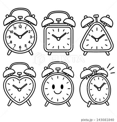 Alarm clock collections featuring cute smiling faces on white background for coloring book line art activity with black outline illustration style creating happy playful feeling Alarm clock collections featuring cute smiling faces on white background for coloring book line art activity with black outline illustration style creating happy playful feeling 143081840