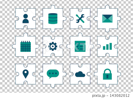 A set of puzzle-piece business icons that can be used for in-house development of business applications and no-code development. A set of puzzle-piece business icons that can be used for in-house development of business applications and no-code development. 143082012