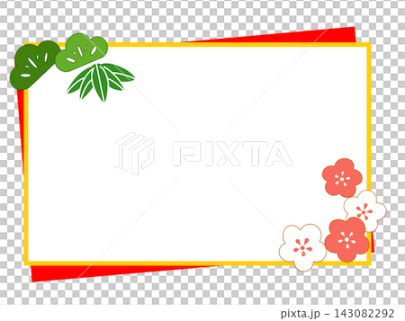 A Japanese-style New Year's card frame featuring red and white plum blossoms and pine and bamboo. 143082292