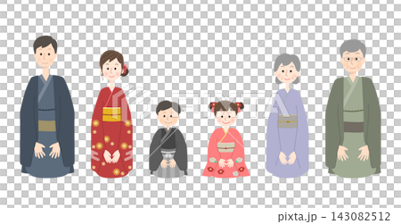 三代同堂,身著和服,正坐於座位上。 三代同堂,身著和服,正坐於座位上。 143082512
