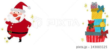 元気なサンタクロースとクリスマスプレゼントのクリスマスイメージの背景フレーム素材 143083125