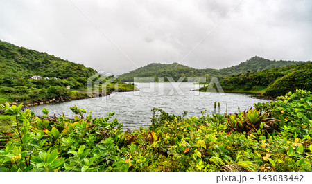 Scenic landscape view of Freshwater Lake surrounded by lush green tropical mountains in Morne Trois Pitons National Park, Dominica. Scenic landscape view of Freshwater Lake surrounded by lush green tropical mountains in Morne Trois Pitons National Park, Dominica. 143083442