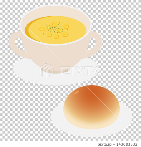 A set of illustrations of warm corn chowder soup and bread. A set of illustrations of warm corn chowder soup and bread. 143083532
