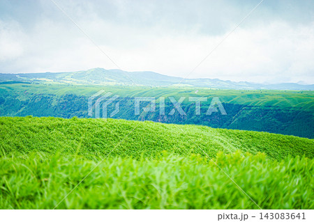 阿蘇・大観峰周辺に広がる鮮やかな緑の草原と丘陵 阿蘇・大観峰周辺に広がる鮮やかな緑の草原と丘陵 143083641