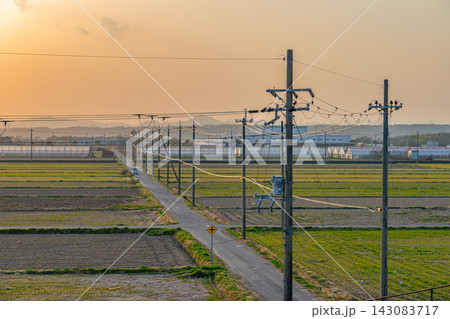 夕暮れの日本の田園に延びる農道と電柱、ビニールハウス 143083717