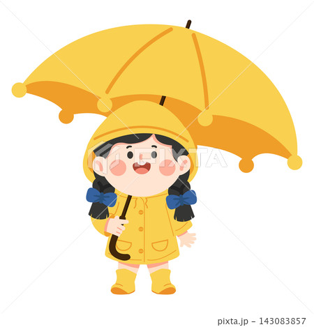 Little girl in yellow raincoat holding umbrella for rain weather protection 143083857