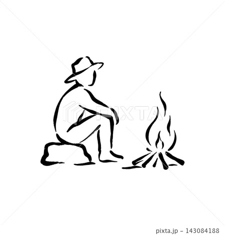 Hand Drawn Icon of Camper Sitting by Campfire Hand Drawn Icon of Camper Sitting by Campfire 143084188