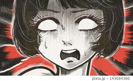 戦慄し絶叫する昭和レトロなホラー漫画風の黒髪白目の女性主人公 戦慄し絶叫する昭和レトロなホラー漫画風の黒髪白目の女性主人公 143084360