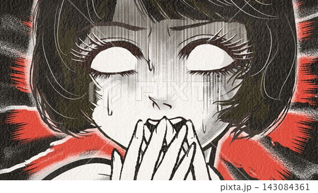 戦慄し絶叫する昭和レトロなホラー漫画風の黒髪白目の女性主人公 戦慄し絶叫する昭和レトロなホラー漫画風の黒髪白目の女性主人公 143084361