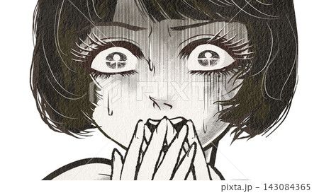戦慄し絶叫する昭和レトロなホラー漫画風の黒髪白目の女性主人公	 143084365