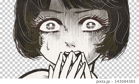 戦慄し絶叫する昭和レトロなホラー漫画風の黒髪白目の女性主人公	 143084365