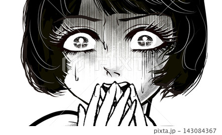 戦慄し絶叫する昭和レトロなホラー漫画風の黒髪白目の女性主人公 戦慄し絶叫する昭和レトロなホラー漫画風の黒髪白目の女性主人公 143084367