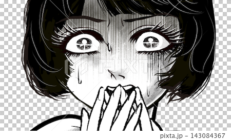 戦慄し絶叫する昭和レトロなホラー漫画風の黒髪白目の女性主人公 戦慄し絶叫する昭和レトロなホラー漫画風の黒髪白目の女性主人公 143084367