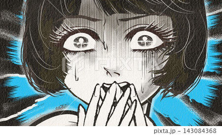 戦慄し絶叫する昭和レトロなホラー漫画風の黒髪白目の女性主人公	 143084368