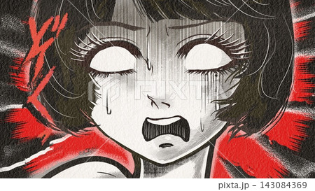 戦慄し絶叫する昭和レトロなホラー漫画風の黒髪白目の女性主人公	 143084369