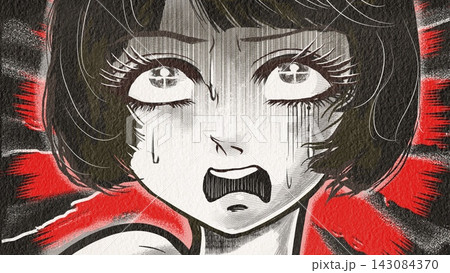 戦慄し絶叫する昭和レトロなホラー漫画風の黒髪白目の女性主人公	 143084370