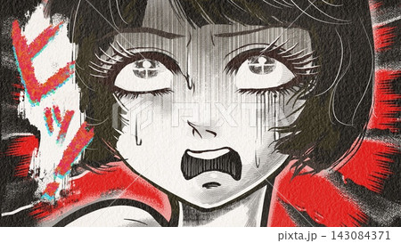 戦慄し絶叫する昭和レトロなホラー漫画風の黒髪白目の女性主人公	 143084371