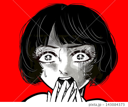 戦慄し絶叫する昭和レトロなホラー漫画風の黒髪白目の女性主人公	 143084373