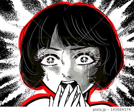 戦慄し絶叫する昭和レトロなホラー漫画風の黒髪白目の女性主人公	 143084374