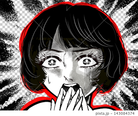 戦慄し絶叫する昭和レトロなホラー漫画風の黒髪白目の女性主人公	 143084374