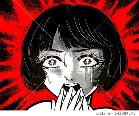 戦慄し絶叫する昭和レトロなホラー漫画風の黒髪白目の女性主人公	 143084375