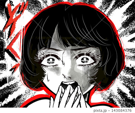 戦慄し絶叫する昭和レトロなホラー漫画風の黒髪白目の女性主人公	 143084376
