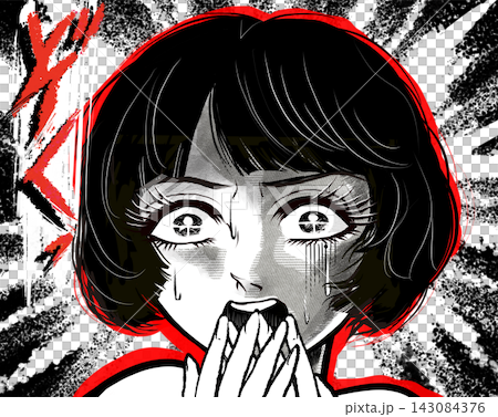 戦慄し絶叫する昭和レトロなホラー漫画風の黒髪白目の女性主人公	 143084376