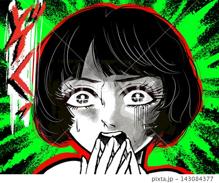 戦慄し絶叫する昭和レトロなホラー漫画風の黒髪白目の女性主人公	 143084377