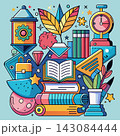 Posters or covers in a trendy doodle style with geometric shapes, bold design elements and modern typography. Back to school, college, education, learning concept. Templates for advertising, branding 143084444