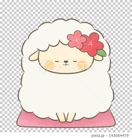 A sheep sitting with a hair ornament on its head. A sheep sitting with a hair ornament on its head. 143084479