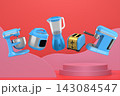 Set of kitchen appliances including mixer, toaster, blender, and coffee maker on white colorful podium and background 143084547