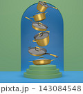 Set of kitchen cookware set with lids floating in midair, over colorfull podium and backdrop, concept of premium utensils 143084548