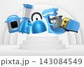 Set of kitchen appliances and utensils floating in mid-air over podium and abstract background, modern cooking concepts 143084549