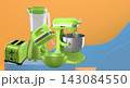 Set of kitchen appliances including blender, mixer, toaster, and hand mixer, floating over podium on abstract background 143084550