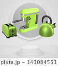 Assorted kitchen appliances including toaster, kettle and coffee maker over podium on abstract background 143084551