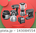 Set of kitchen appliances including mixer, toaster, blender, and coffee maker on white colorful podium and background 143084554