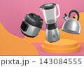 Set of kitchen appliances including a pressure cooker, blender, and kettle floating over podium on abstract background 143084555