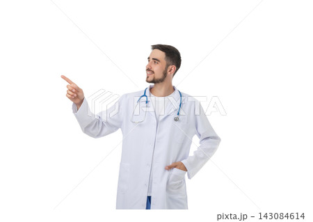 Doctor dressed in white coat smiling and gesturing, isolated, PNG Doctor dressed in white coat smiling and gesturing, isolated, PNG 143084614