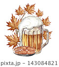 A mug of beer, a fish snack. Hand drawn watercolor illustration. Decorated with autumn leaves. For Oktoberfest, flyers, posters, invitations. For pub menus and much more. 143084821