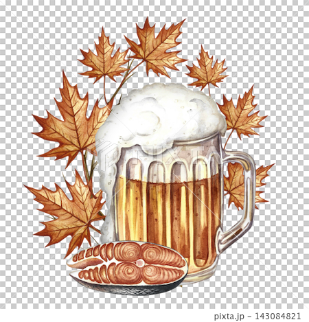 A mug of beer, a fish snack. Hand drawn watercolor illustration. Decorated with autumn leaves. For Oktoberfest, flyers, posters, invitations. For pub menus and much more. 143084821
