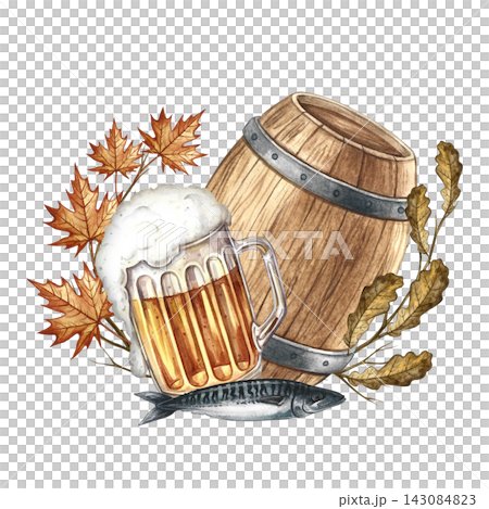 A wooden barrel and a glass mug with beer, a fish snack. Hand drawn watercolor illustration. A beer arrangement decorated with autumn leaves. For Oktoberfest, flyers, posters, invitations, and more. A wooden barrel and a glass mug with beer, a fish snack. Hand drawn watercolor illustration. A beer arrangement decorated with autumn leaves. For Oktoberfest, flyers, posters, invitations, and more. 143084823