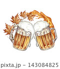 Two beer mugs are clashing against each other. A hand drawn watercolor illustration. Decorated with autumn leaves. For Oktoberfest, flyers, posters, invitations, pub menus, labels, and more. 143084825