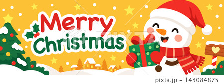 Christmas banner with cheerful snowman, gift box, decorated tree, snowy village, Santa hat, scarf, stars, holly, and colorful festive vector artwork on a yellow background. Christmas banner with cheerful snowman, gift box, decorated tree, snowy village, Santa hat, scarf, stars, holly, and colorful festive vector artwork on a yellow background. 143084875